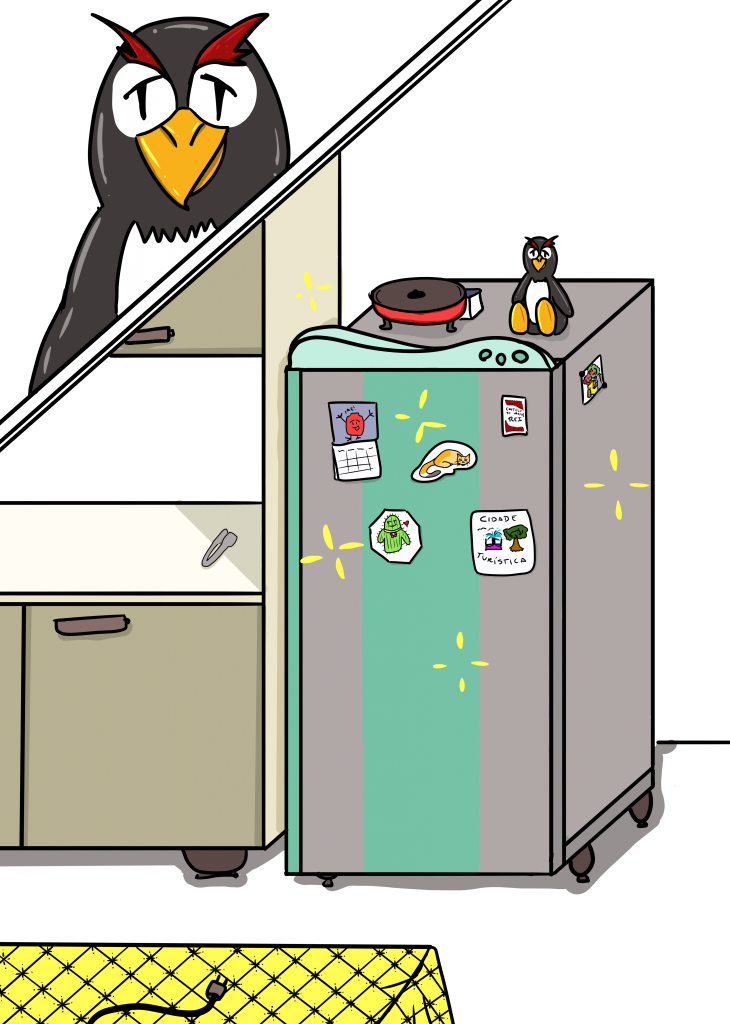 página 6: Depois do close do secador na página 5, a página 6 é composta de 2 quadros, o primeiro um close no rosto do pinguim, o segundo é uma vista ampla da cozinha, a geladeira no centro, cheia de ímãs, um pinguim de geladeira com cílios grandes inspirado em Evangelion, um móvel de cozinha ao lado, e abaixo a mesa da cozinha com a toalha amarela e a tomada desligada do secador. Close nos ímãs de geladeira, um calendário de propaganda de gás de cozinha, um gatinho dormindo, um cacto dando uma piscadela, um ímã de cidade turística, um do castelo de cartas rei e uma foto de duas meninas juntas (uma delas a protagonista)